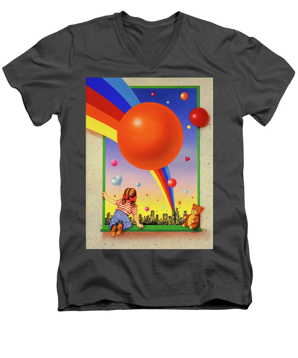 Balloons Winder Child Teddy Bear Joy Kids Rainbow Men's V-Neck T-Shirt featuring the mixed media Imagine by Murry Whiteman