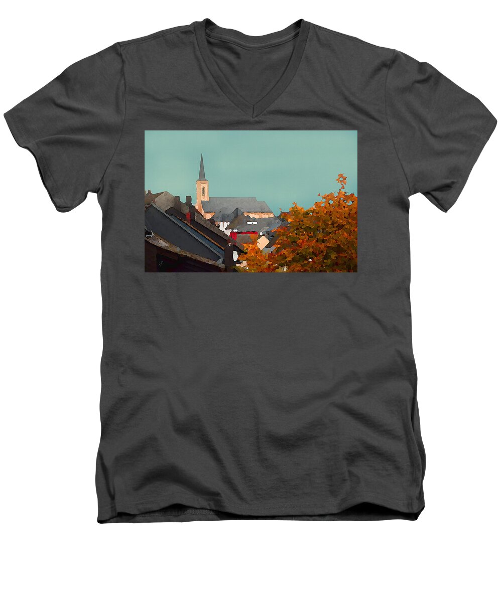 Impressionist Men's V-Neck T-Shirt featuring the mixed media Impressionist Village with Church Steeple by Shelli Fitzpatrick