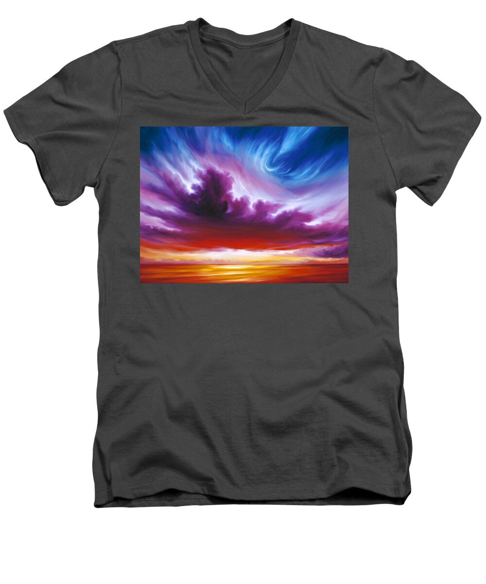 Sunrise; Sunset; Power; Glory; Cloudscape; Skyscape; Purple; Red; Blue; Stunning; Landscape; James C. Hill; James Christopher Hill; Jameshillgallery.com; Ocean; Lakes; Genesis; Creation; Quantum; Singularity Men's V-Neck T-Shirt featuring the painting In the Beginning by James Hill