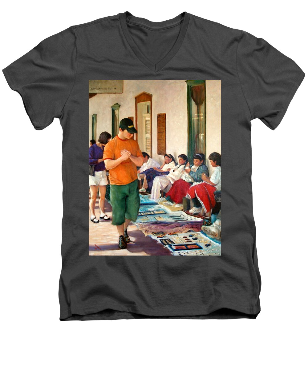 Realism Men's V-Neck T-Shirt featuring the painting Indian Market by Donelli DiMaria