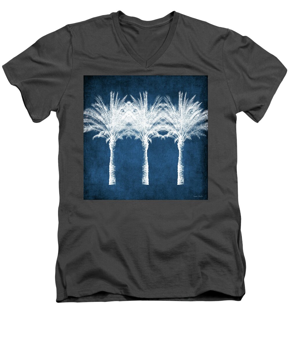 Palm Tree Men's V-Neck T-Shirt featuring the mixed media Indigo And White Palm Trees- Art by Linda Woods by Linda Woods