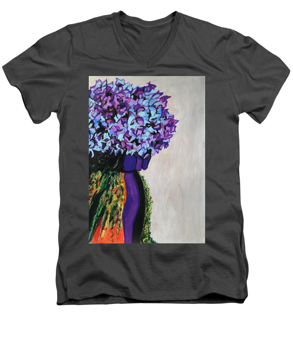 Indigo Flowers For Ma Men's V-Neck T-Shirt featuring the painting Indigo Flowers for Ma by Esther Newman-Cohen