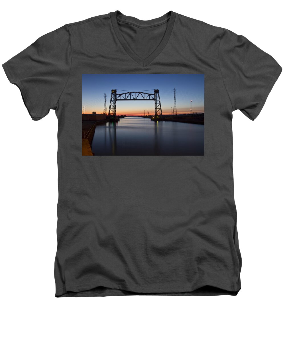 Chicago Men's V-Neck T-Shirt featuring the photograph Industrial River Scene At Dawn by Sven Brogren