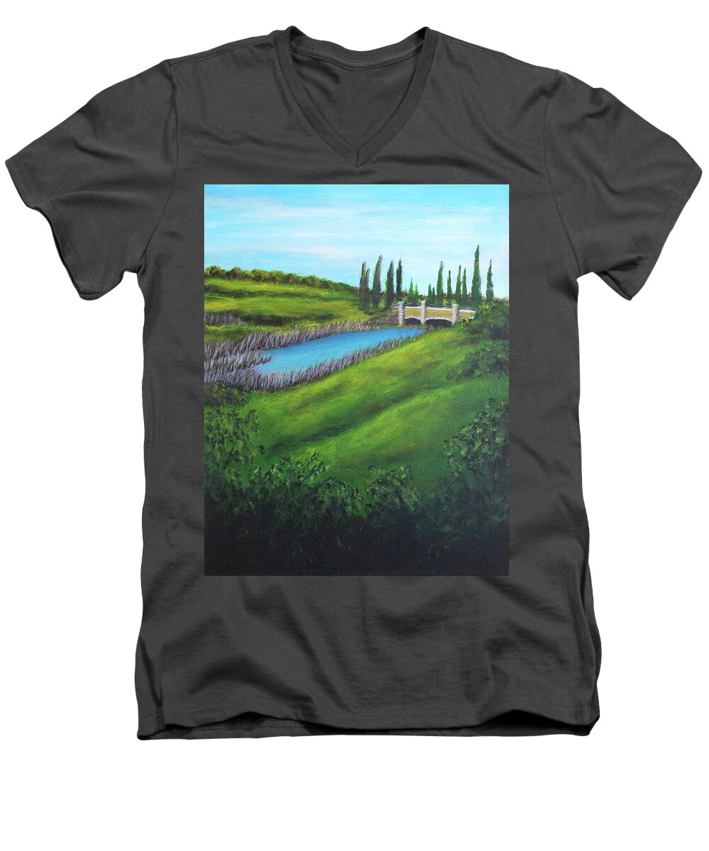 Mountain House Men's V-Neck T-Shirt featuring the painting Inspiration in Mountain House by Barbara J Blaisdell