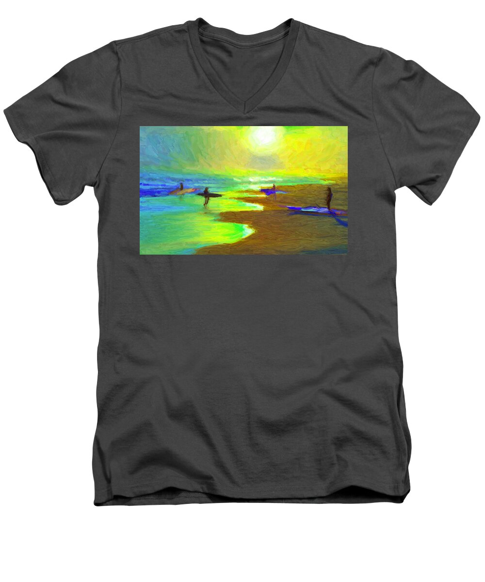 Surf Men's V-Neck T-Shirt featuring the painting Into the Surf by Caito Junqueira