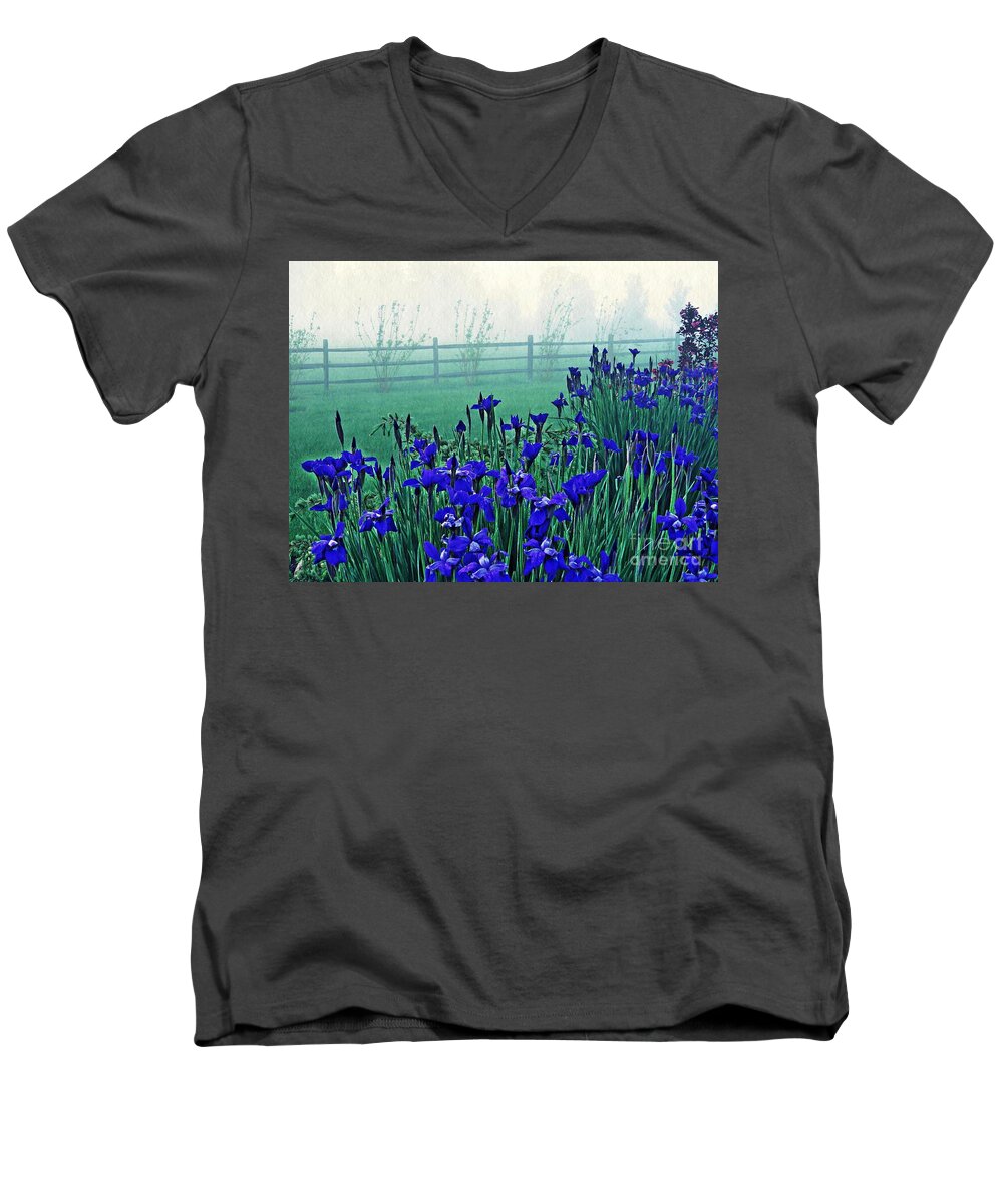 Iris Men's V-Neck T-Shirt featuring the photograph Irises at Dawn 3 by Sarah Loft