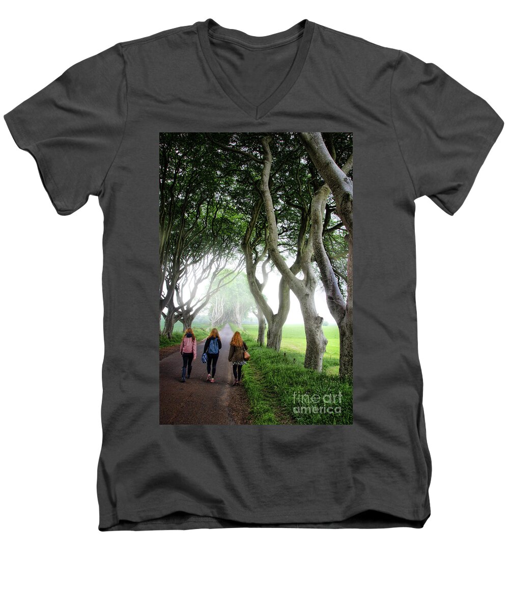 Dark Hedges Men's V-Neck T-Shirt featuring the photograph Irish Lasses on The King's Road by Norma Warden