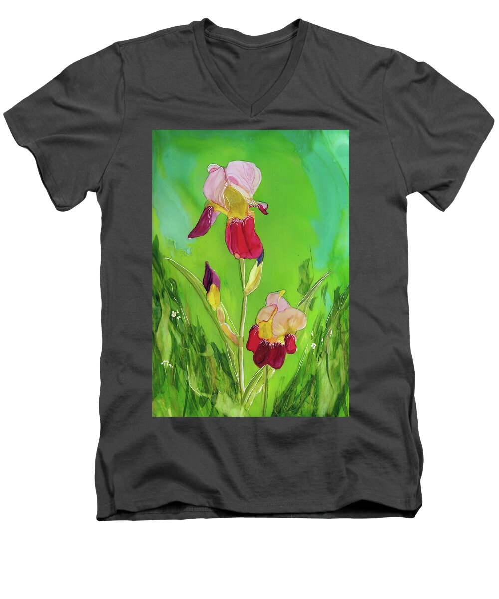 Realistic Men's V-Neck T-Shirt featuring the painting Irresistible Iris by Bonny Butler