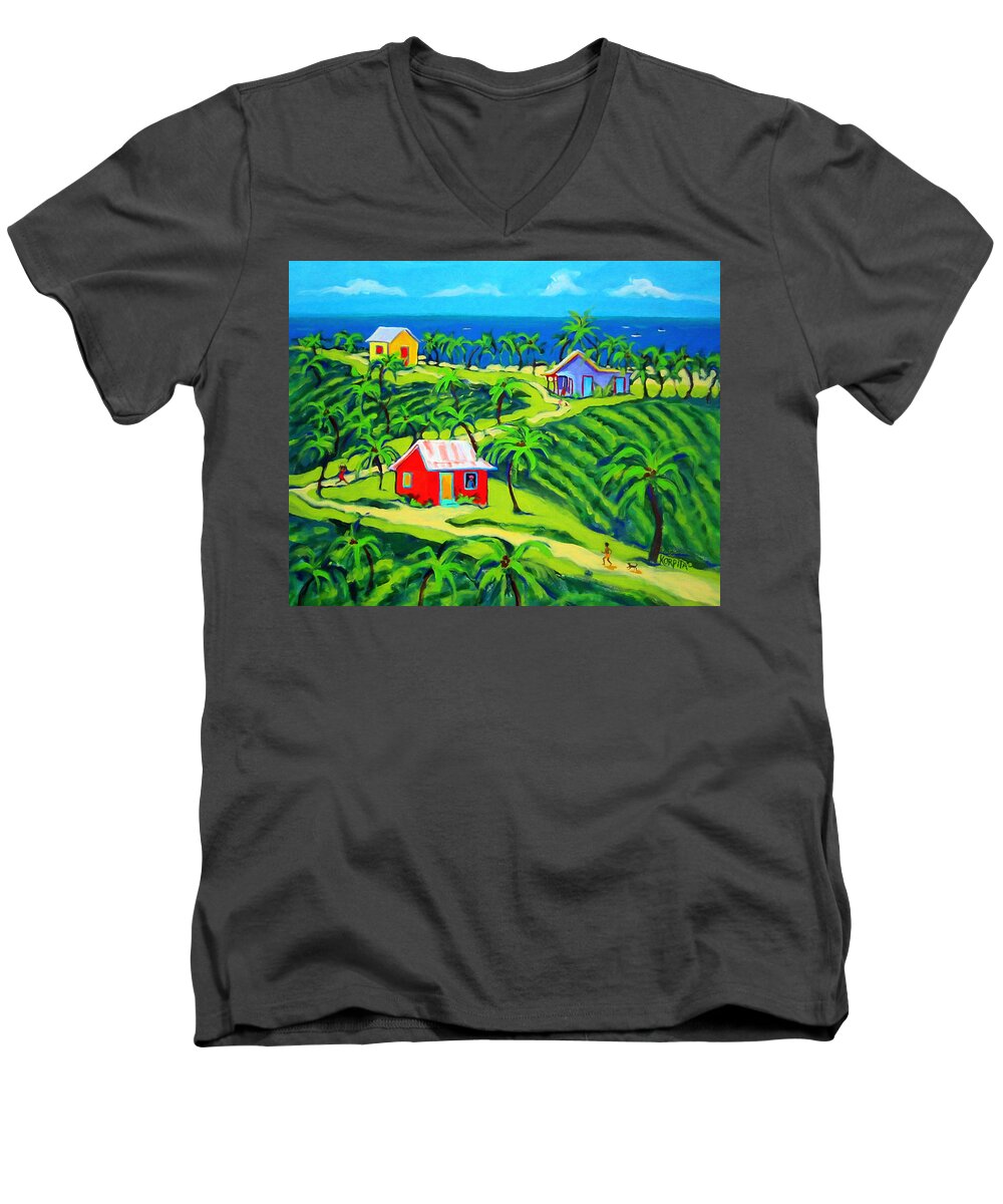 Colorful Houses Men's V-Neck T-Shirt featuring the painting Island Time - Colorful Houses Caribbean Cottages by Rebecca Korpita
