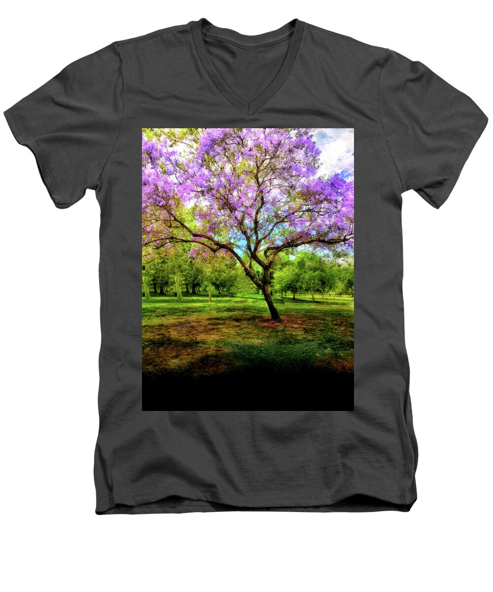 Flowering Trees Men's V-Neck T-Shirt featuring the mixed media Jacaranda Tree by Joseph Hollingsworth