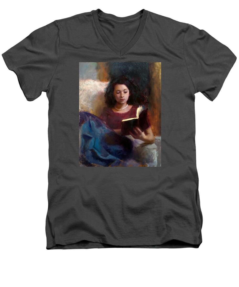 Girl Reading A Book Men's V-Neck T-Shirt featuring the painting Jaidyn Reading a Book 1 - Portrait of Young Woman - Girls Who Read - Books in Art by K Whitworth