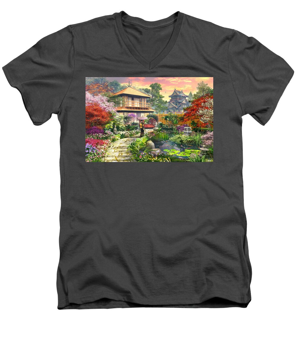 Horizontal Men's V-Neck T-Shirt featuring the digital art Japan garden Variant 2 by MGL Meiklejohn Graphics Licensing