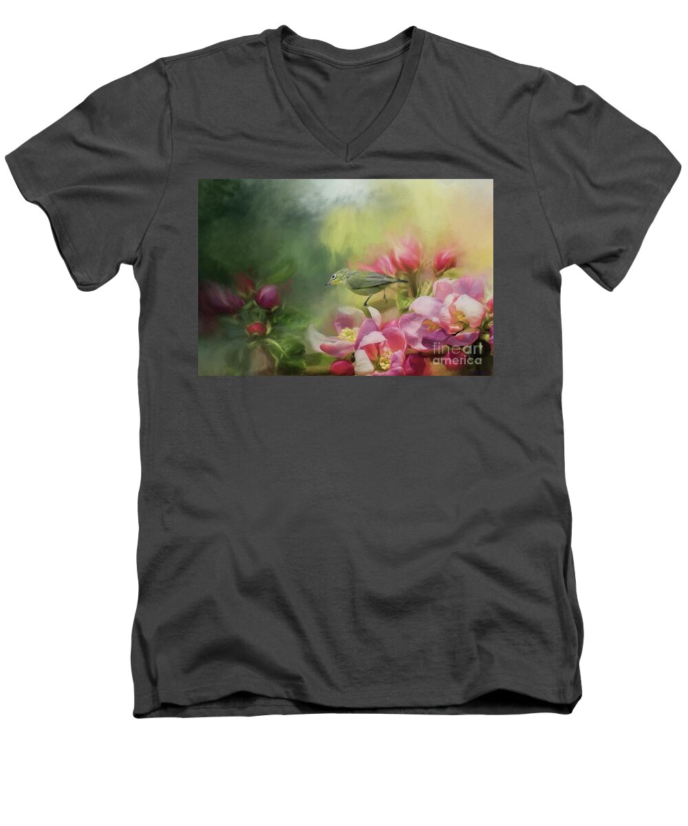 Japanese White-eye Men's V-Neck T-Shirt featuring the photograph Japanese white-eye on a blooming tree by Eva Lechner