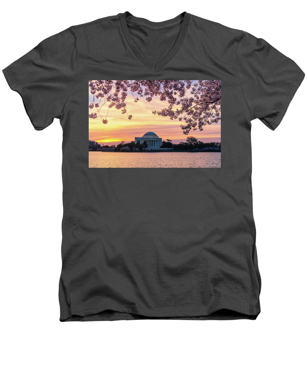 D7000 Men's V-Neck T-Shirt featuring the photograph Jefferson Memorial at Sunrise with Blossoms by Craig Szymanski