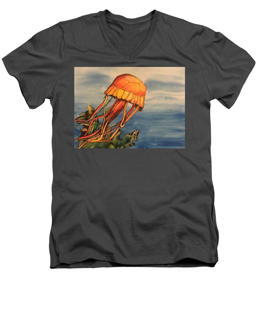 Jellyfish Men's V-Neck T-Shirt featuring the painting Jellyfish by Mastiff Studios