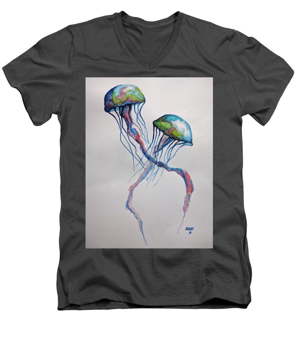Jellyfish Men's V-Neck T-Shirt featuring the painting Jellyfish by Edwin Alverio