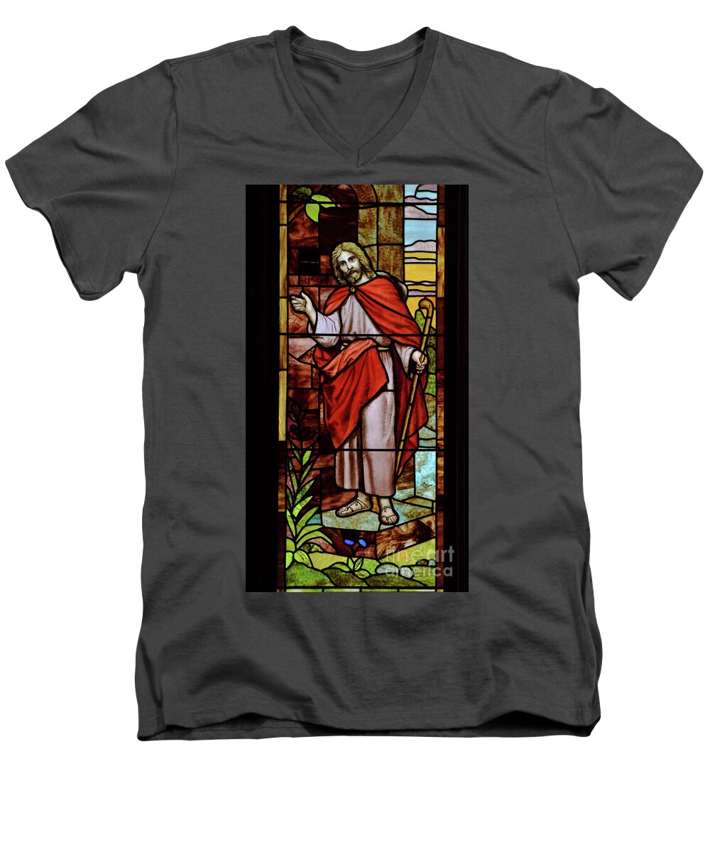 Jesus Men's V-Neck T-Shirt featuring the photograph Jesus Knocking by Debby Pueschel