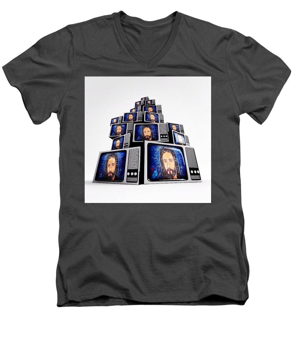 Jesus Men's V-Neck T-Shirt featuring the photograph Jesus on TV by Gia Marie Houck