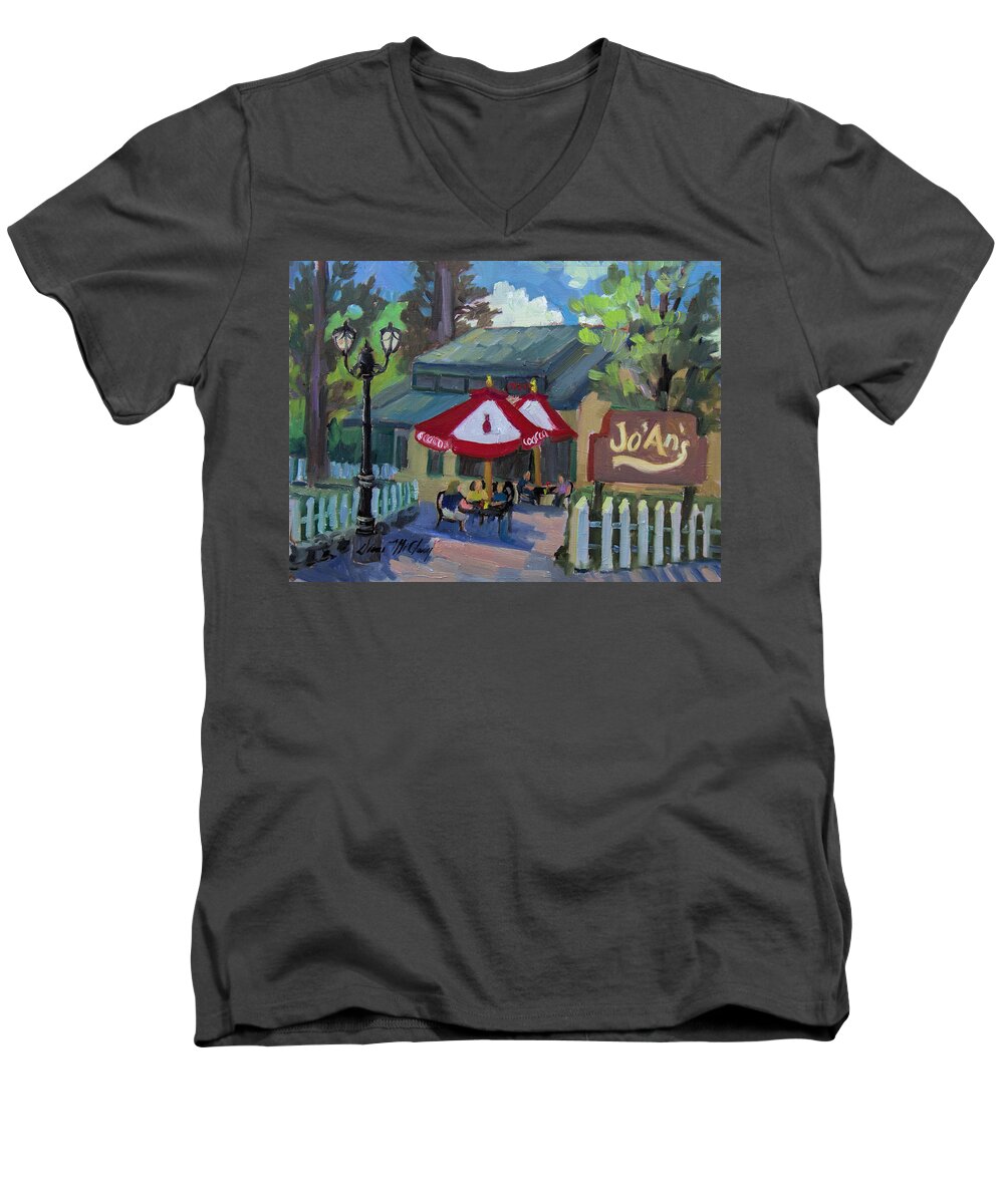 Idyllwild Men's V-Neck T-Shirt featuring the painting Jo'An's Restaurant in Idyllwild by Diane McClary