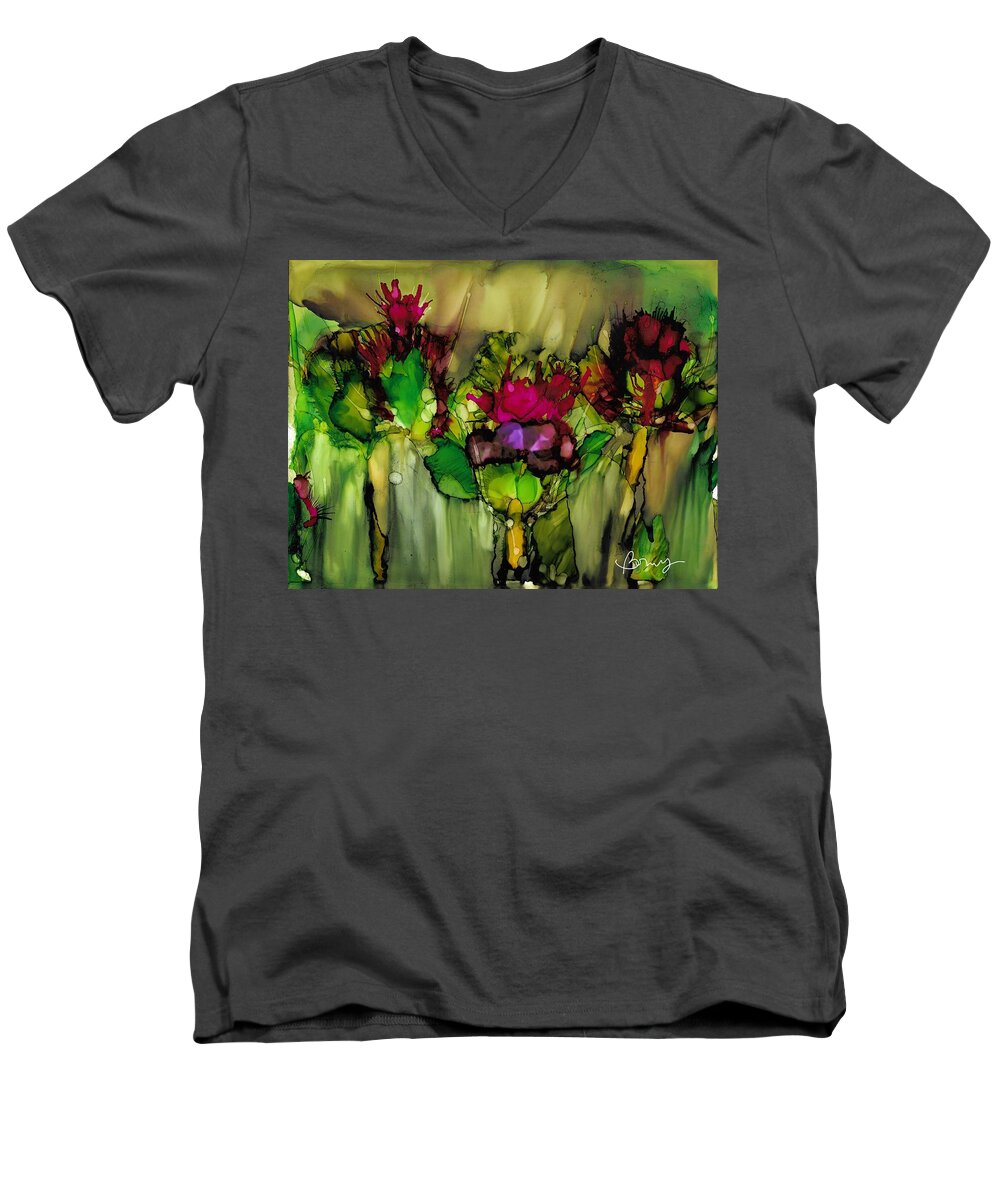Alcohol Inks Men's V-Neck T-Shirt featuring the painting Joans Thistle by Bonny Butler