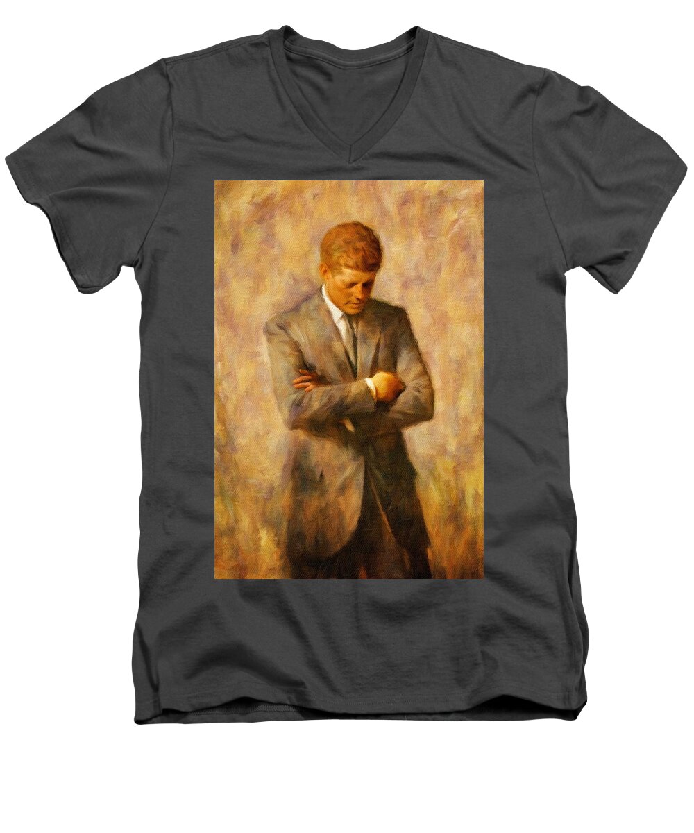 American President Men's V-Neck T-Shirt featuring the painting John Fitzgerald Kennedy by Vincent Monozlay