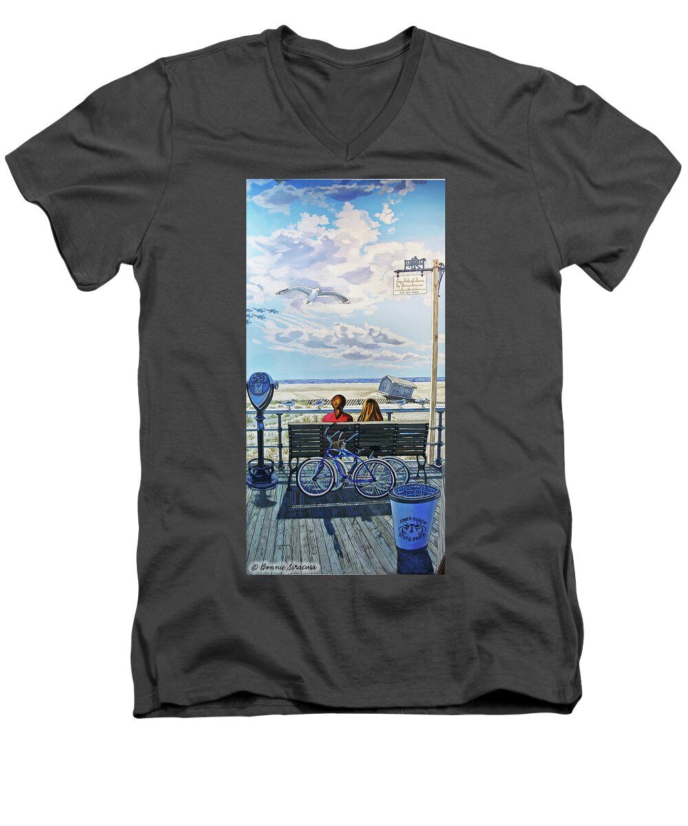 Jones Beach Boardwalk Men's V-Neck T-Shirt featuring the painting Jones Beach Boardwalk by Bonnie Siracusa