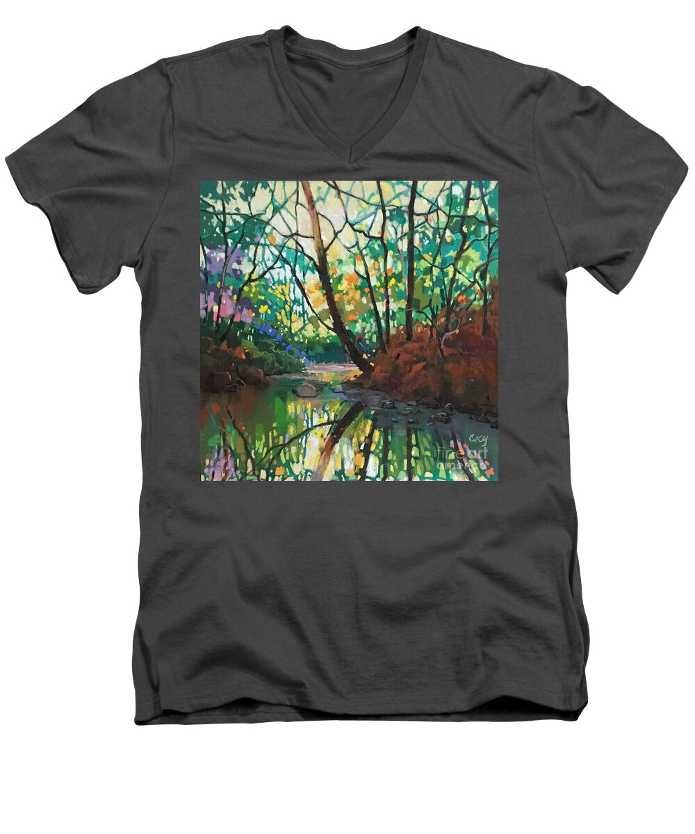 Joy Men's V-Neck T-Shirt featuring the painting Joyful morning by Celine K Yong