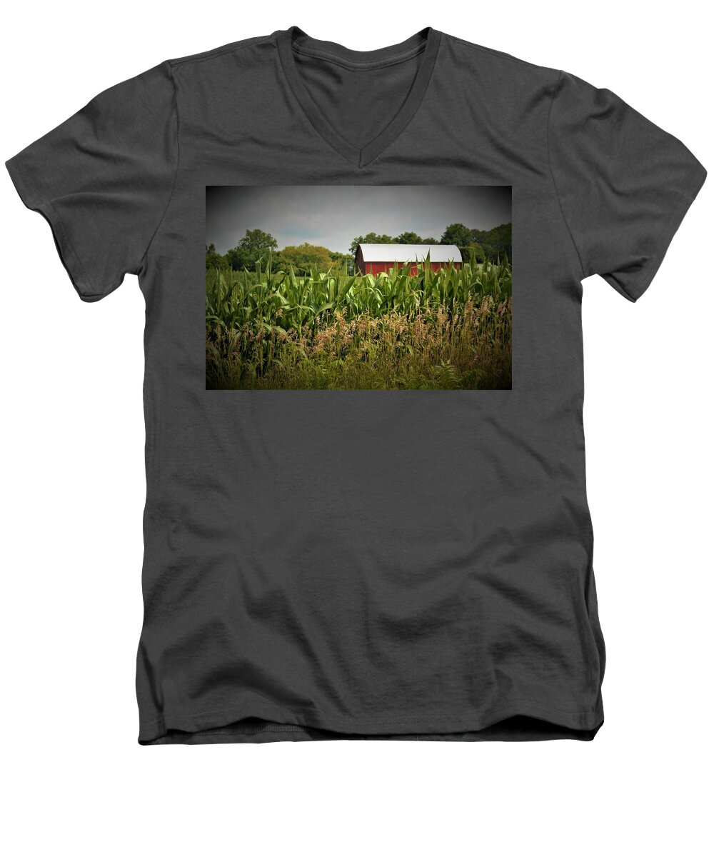 Barn Men's V-Neck T-Shirt featuring the photograph 0020 - July Corn by Sheryl L Sutter