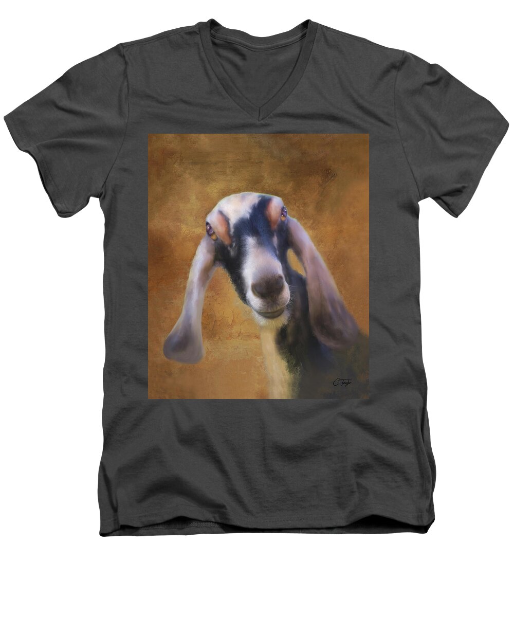 Goats Men's V-Neck T-Shirt featuring the mixed media Just Kidding Around by Colleen Taylor