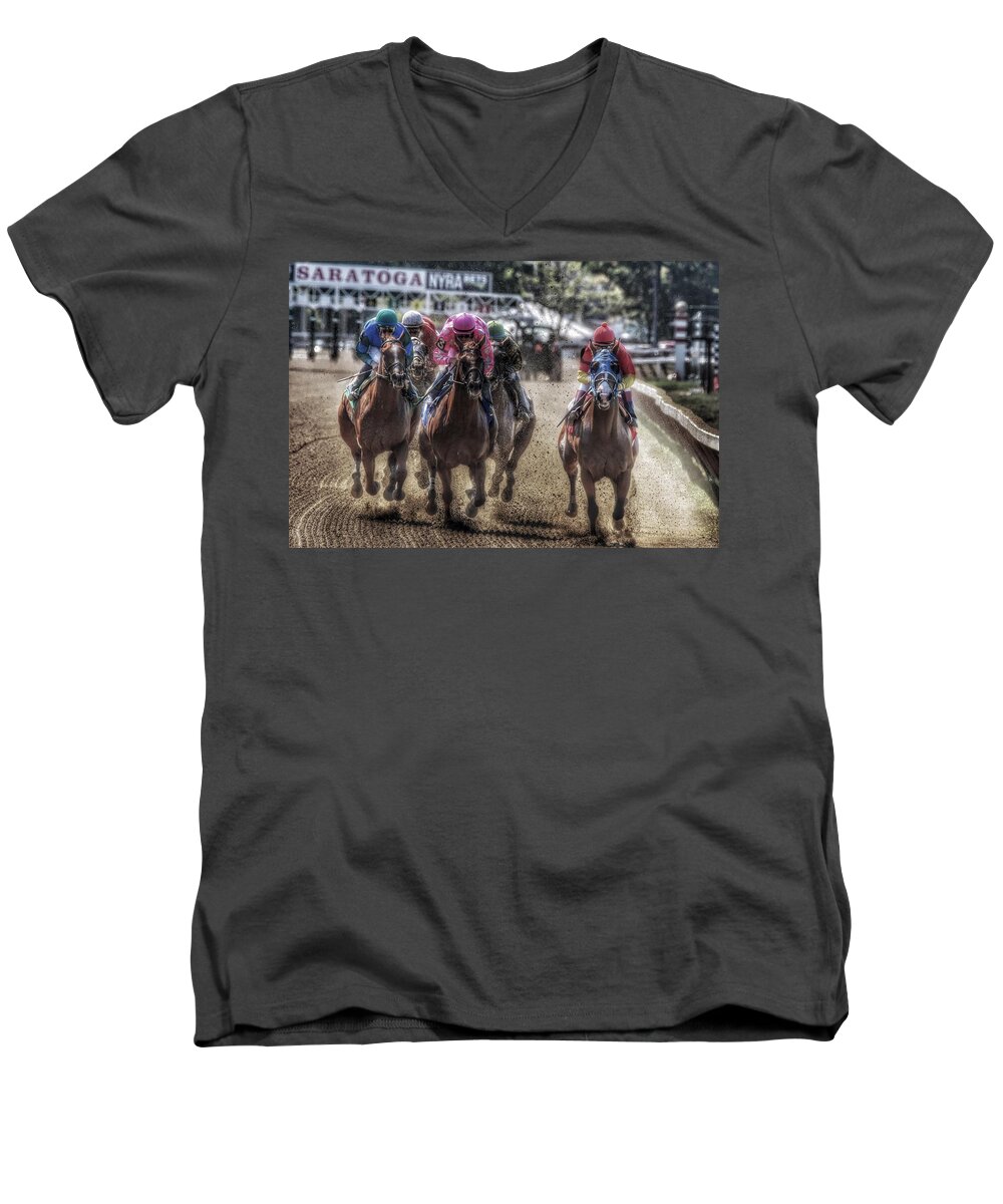 Race Horses Men's V-Neck T-Shirt featuring the photograph Just Starting by Jeffrey PERKINS