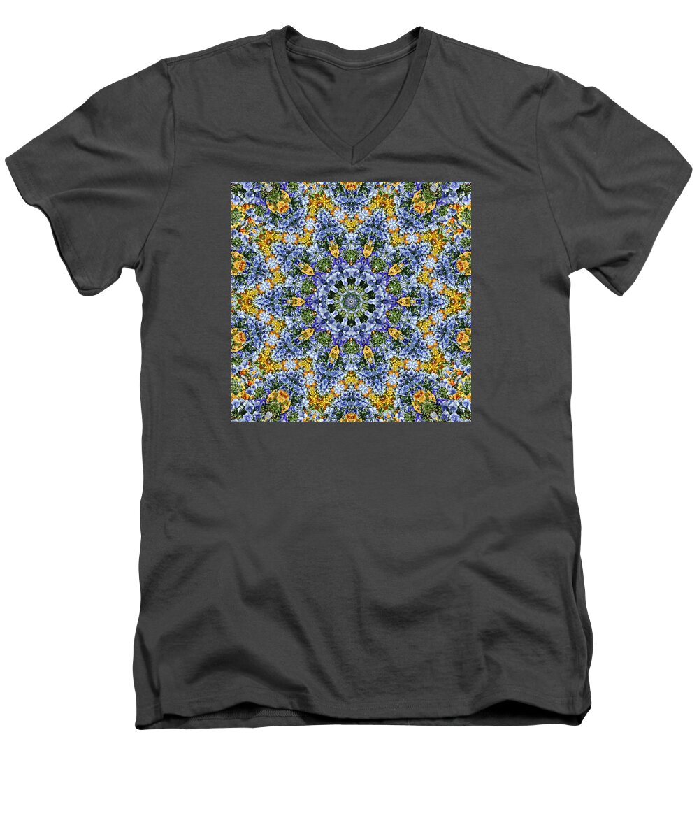 Kaleidoscope Men's V-Neck T-Shirt featuring the photograph Kaleidoscope - Blue and Yellow by Nikolyn McDonald