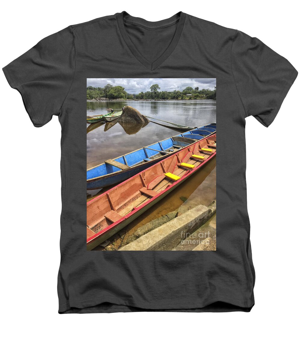 Rainforest Men's V-Neck T-Shirt featuring the photograph Karjoles in the Suriname river by Patricia Hofmeester