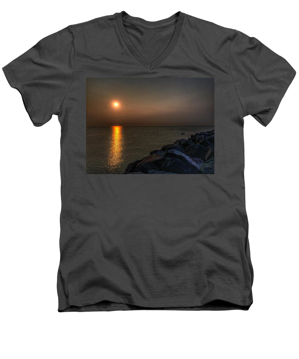Kayak Men's V-Neck T-Shirt featuring the photograph Kayaker at Sunrise by Nick Heap
