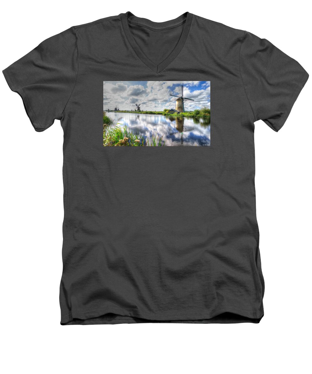 Windmills Men's V-Neck T-Shirt featuring the photograph Kinderdijk by Uri Baruch