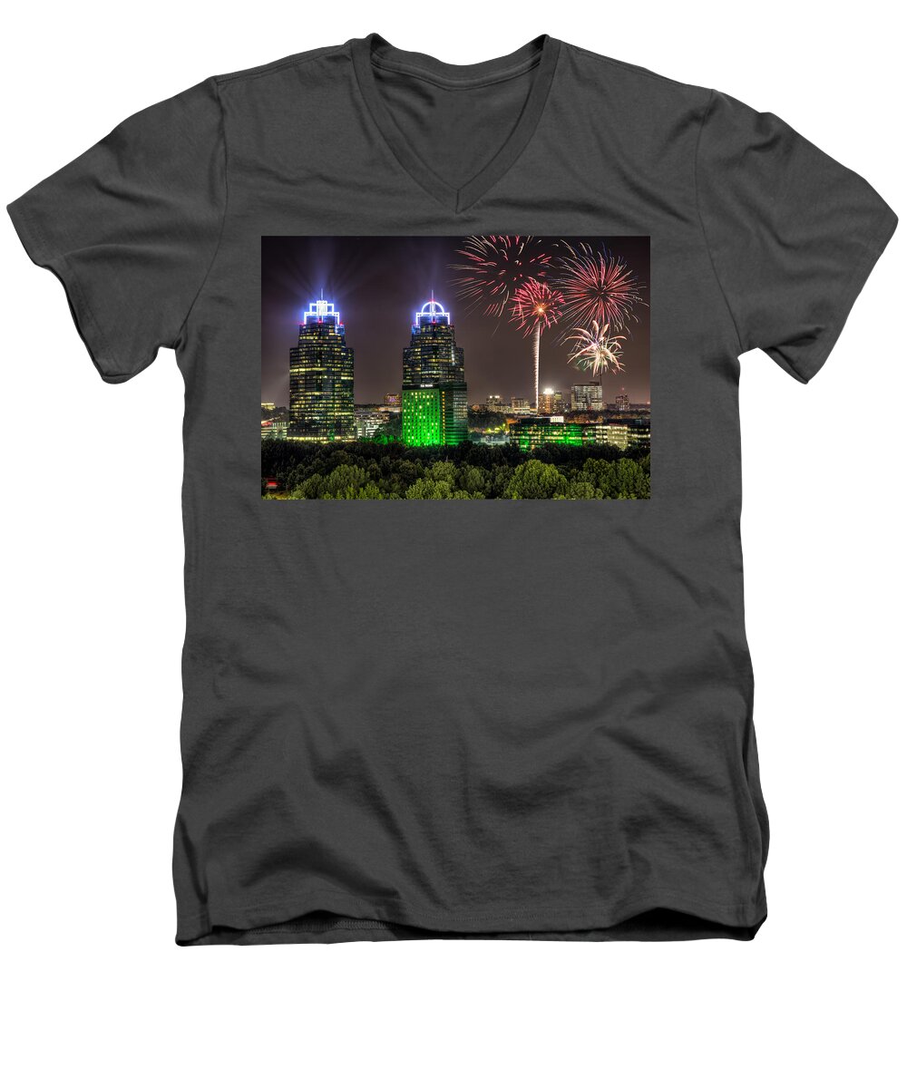 Sandy Springs Men's V-Neck T-Shirt featuring the photograph King And Queen Buildings Fireworks by Anna Rumiantseva