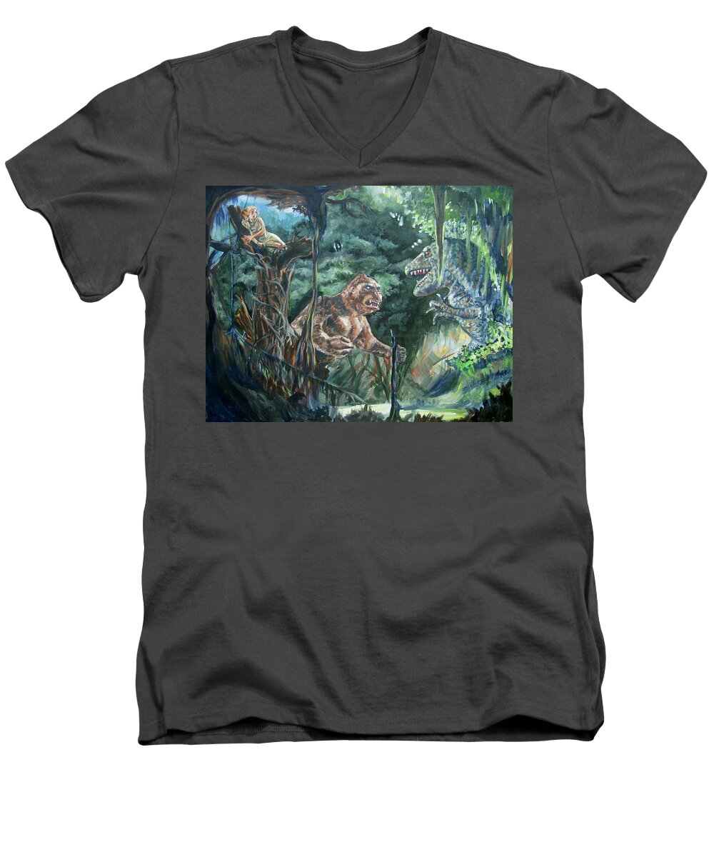 King Kong Men's V-Neck T-Shirt featuring the painting King Kong vs T-Rex by Bryan Bustard