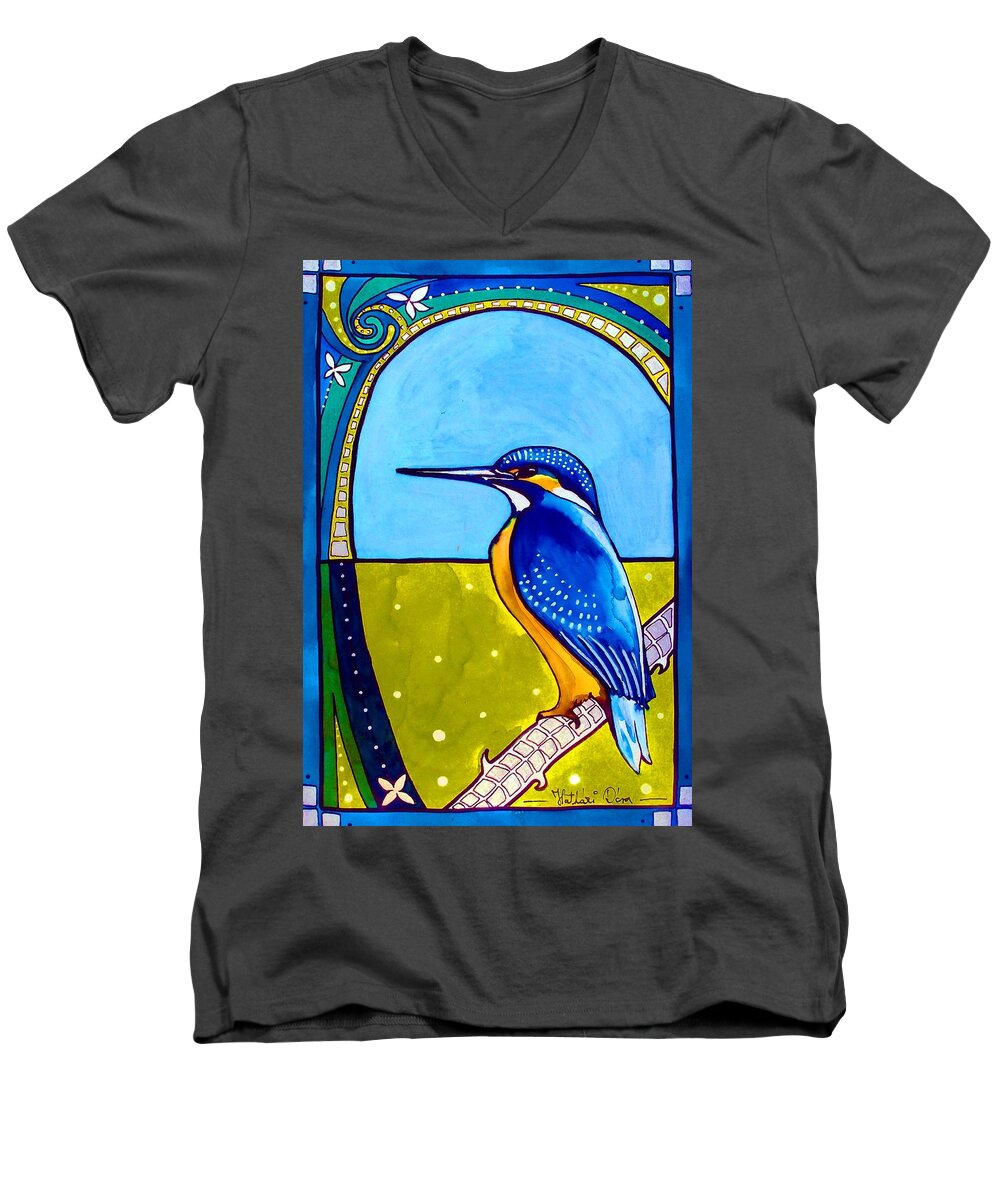 Bird Men's V-Neck T-Shirt featuring the painting Kingfisher by Dora Hathazi Mendes