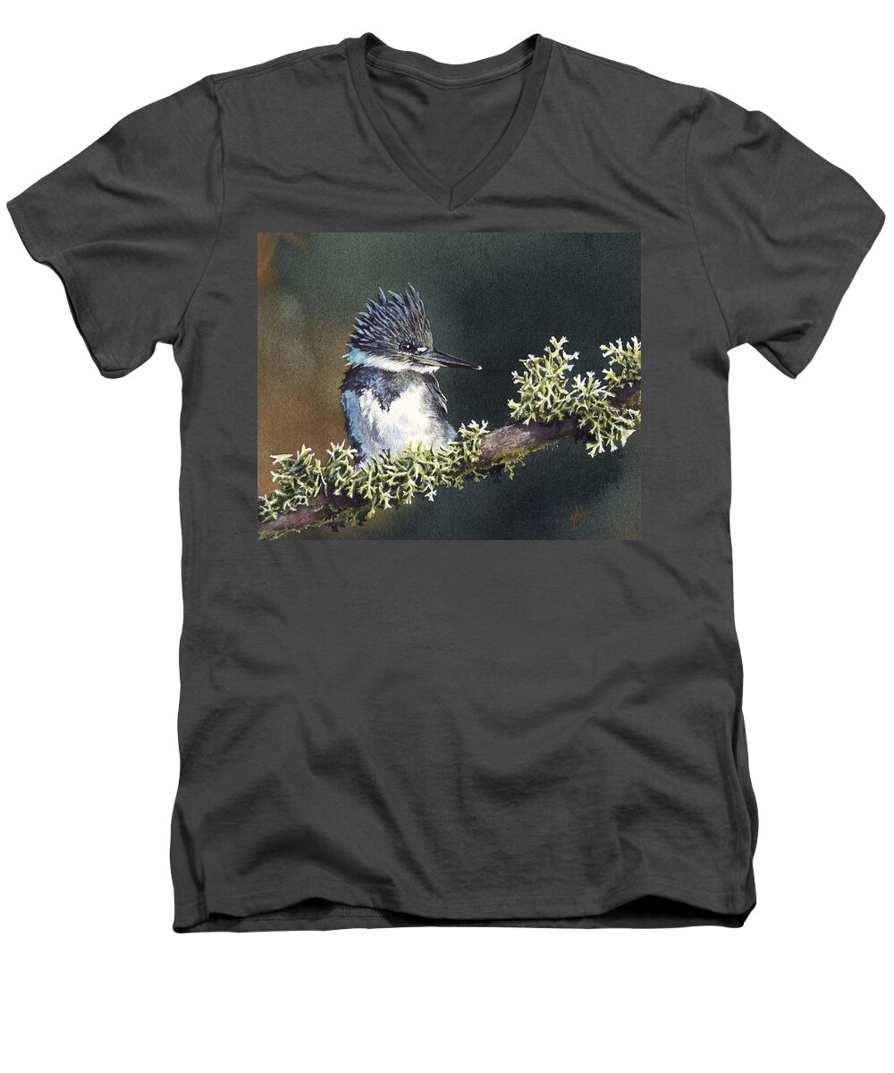 Bird Men's V-Neck T-Shirt featuring the painting Kingfisher II by Greg and Linda Halom