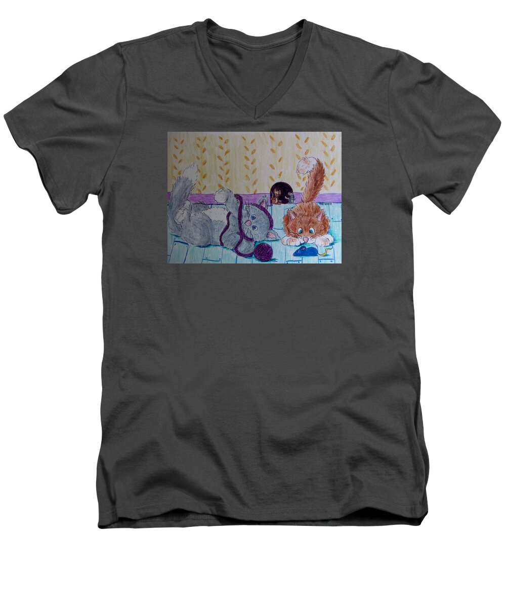 Children's Art Men's V-Neck T-Shirt featuring the drawing Kitt and Kattkin 2 by Megan Walsh
