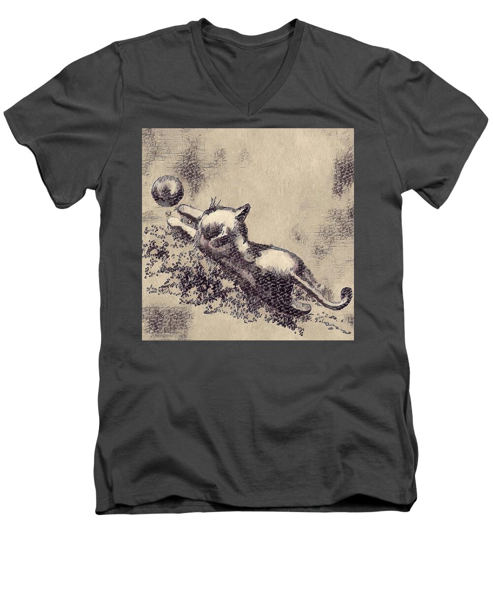 Kitten Men's V-Neck T-Shirt featuring the digital art Kitten Playing with Ball by Portraits By NC