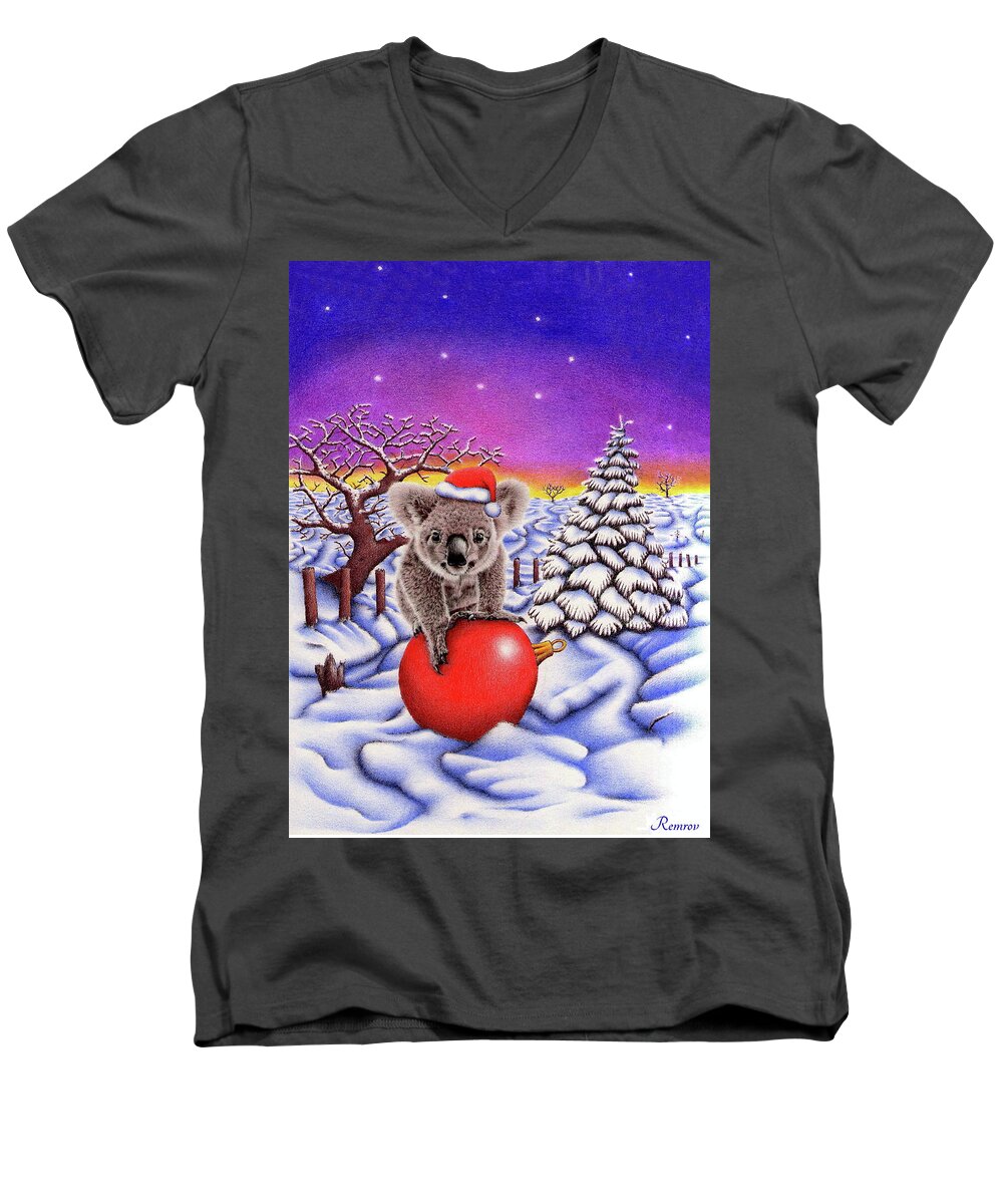 Christmas Card Men's V-Neck T-Shirt featuring the drawing Koala on Christmas Ball by Casey 'Remrov' Vormer