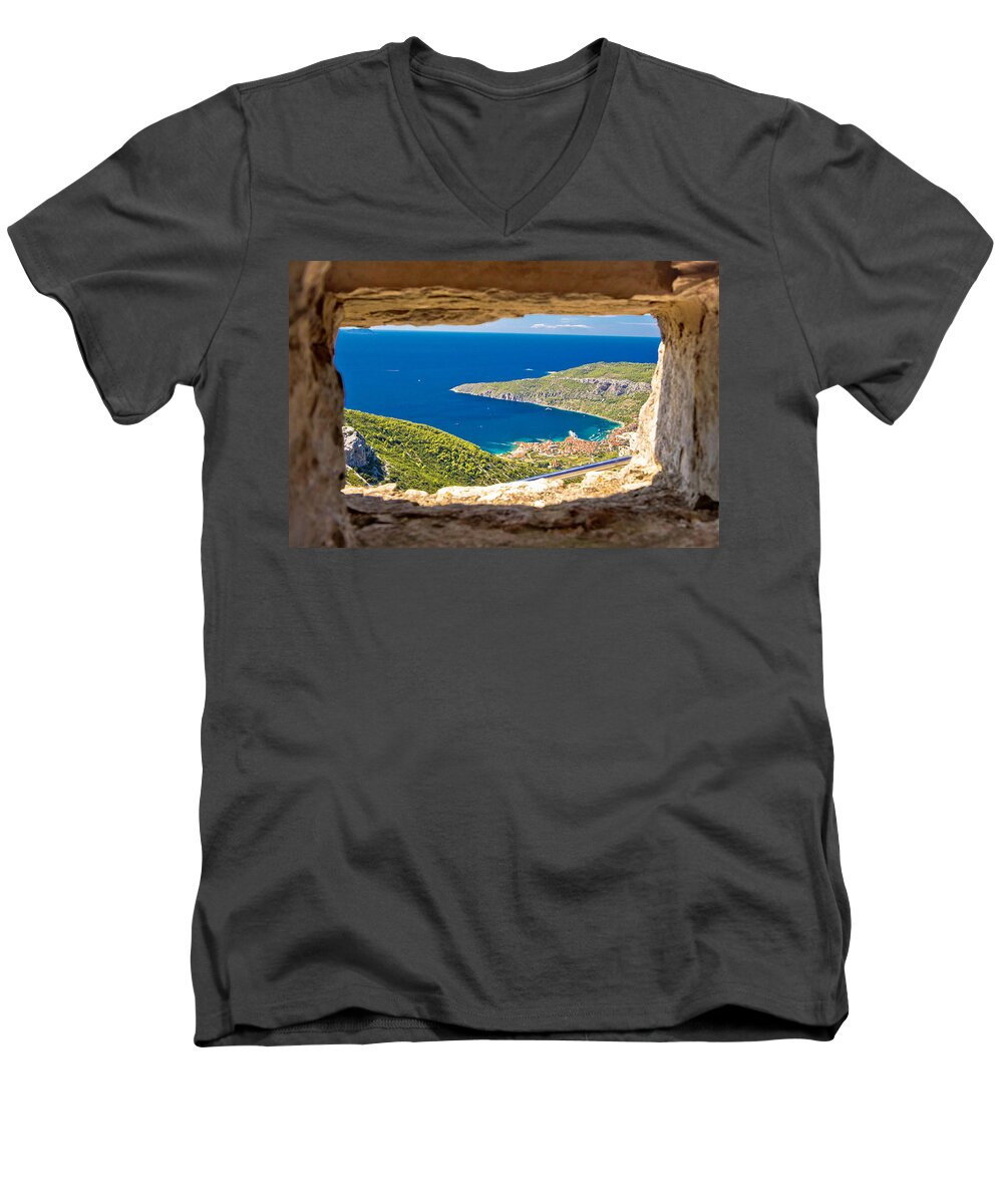 Komiza Men's V-Neck T-Shirt featuring the photograph Komiza bay aerial view through stone window by Brch Photography