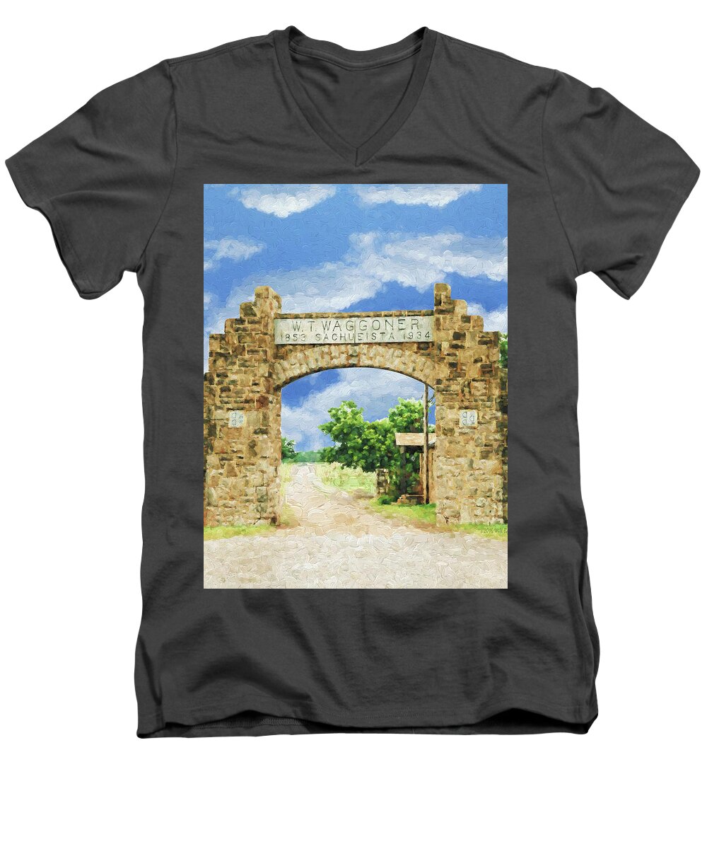 Texas Men's V-Neck T-Shirt featuring the painting La Puerta Principal - Main Gate, Nbr 1H by Will Barger