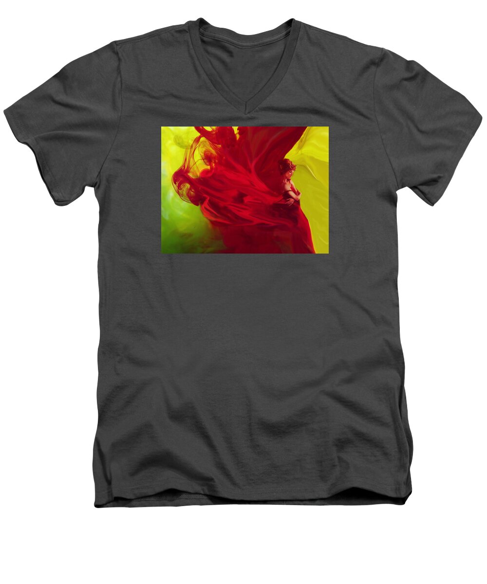Lady In Red Men's V-Neck T-Shirt featuring the digital art Lady in Red Ink by Lilia S