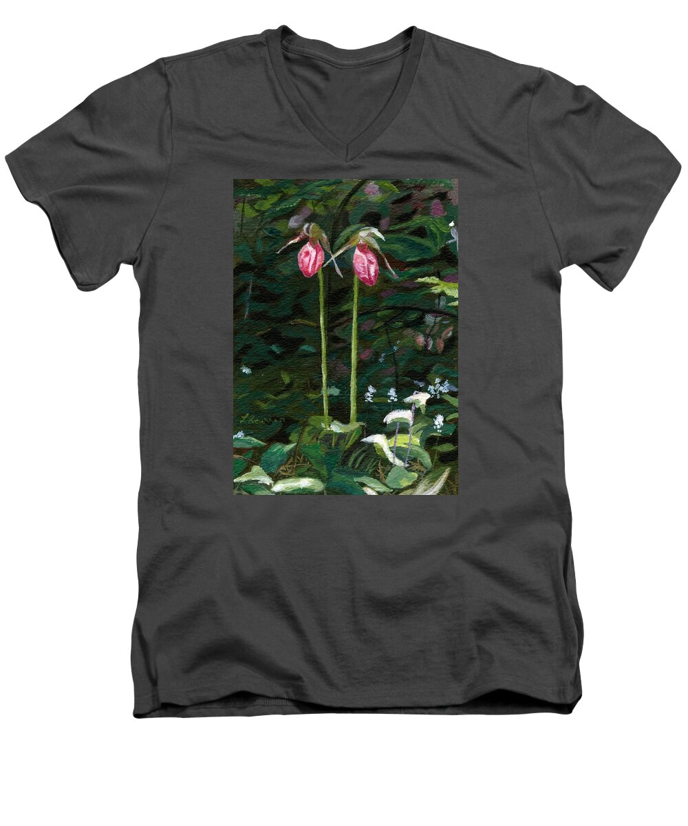Lady Slipper Men's V-Neck T-Shirt featuring the painting Lady Slipper by Lynne Reichhart