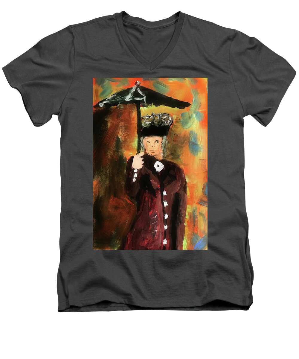 Acrylic Men's V-Neck T-Shirt featuring the painting Lady with umbrella by James Bethanis