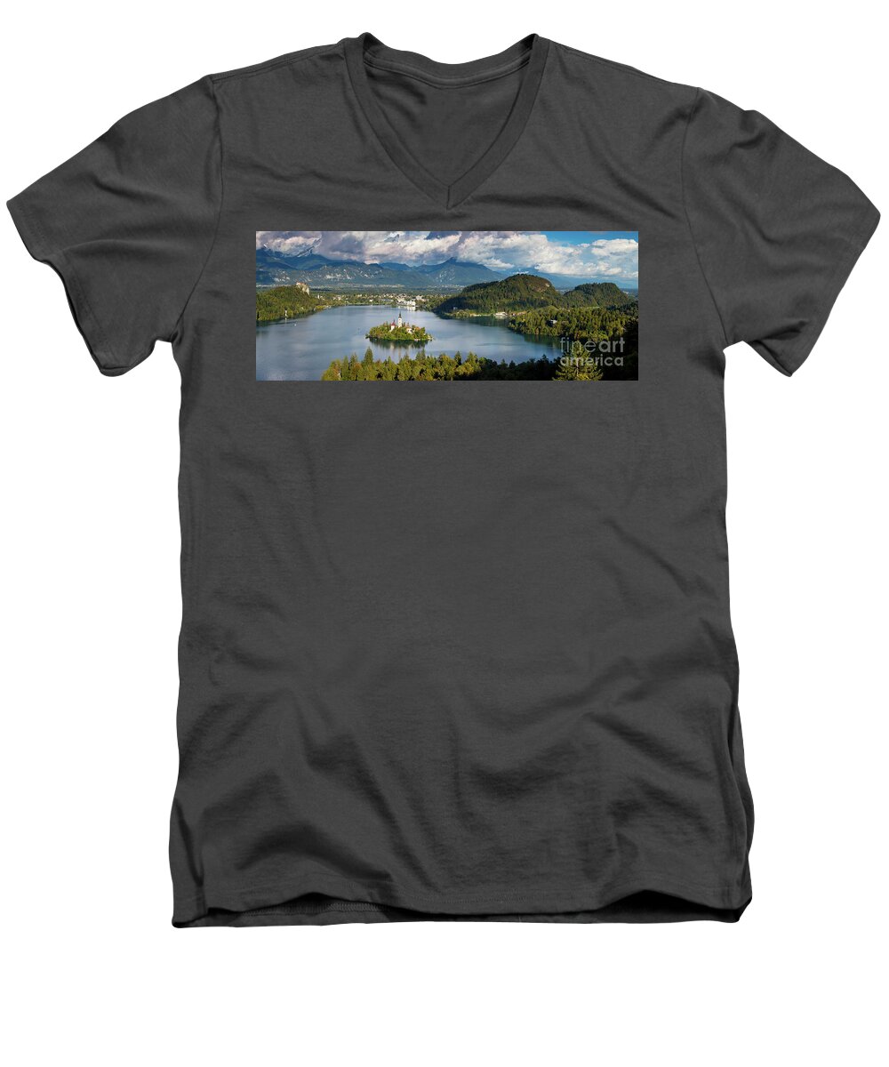 Slovenia Men's V-Neck T-Shirt featuring the photograph Lake Bled Pano by Brian Jannsen