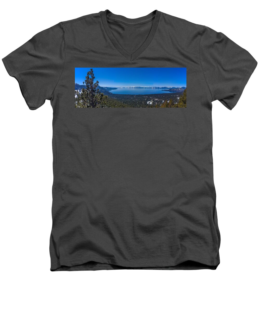 Lake Tahoe Men's V-Neck T-Shirt featuring the photograph Lake Tahoe Spring Overlook Panoramic by Scott McGuire