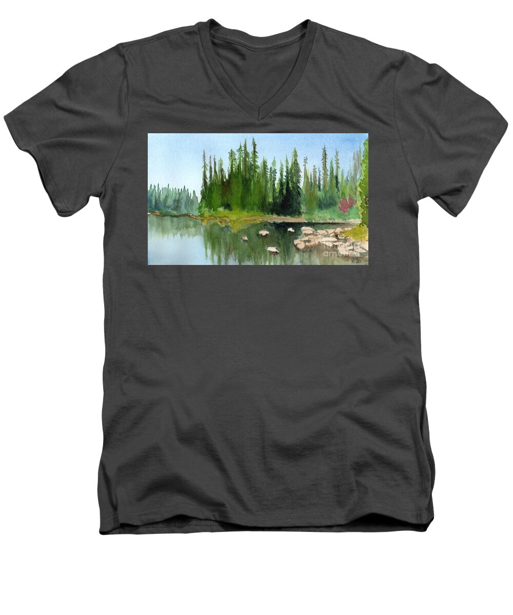 Lake Men's V-Neck T-Shirt featuring the painting Lake View 1 by Yoshiko Mishina