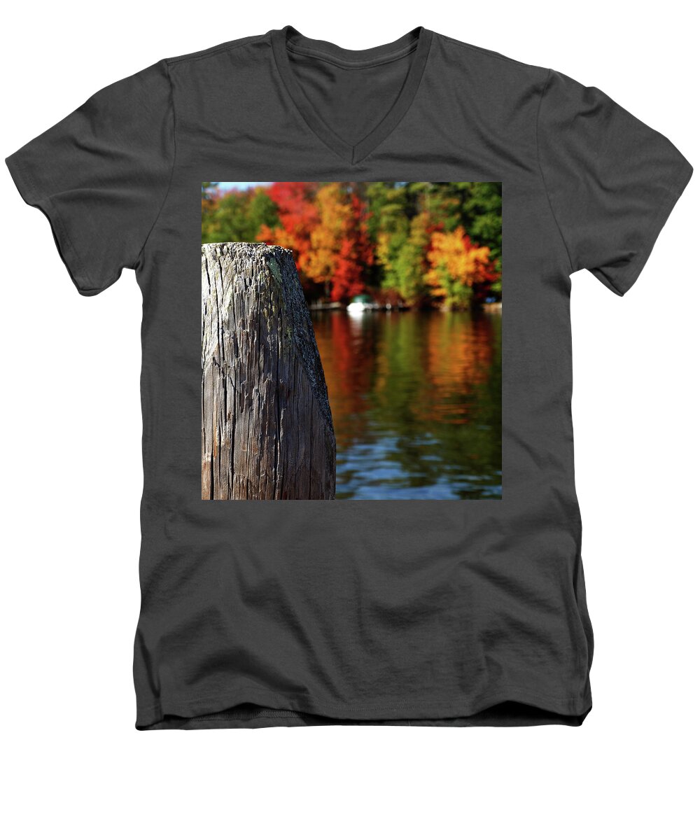 Foliage Men's V-Neck T-Shirt featuring the photograph Lake Winnepesaukee dock with Foliage in the Distance by Mary Capriole